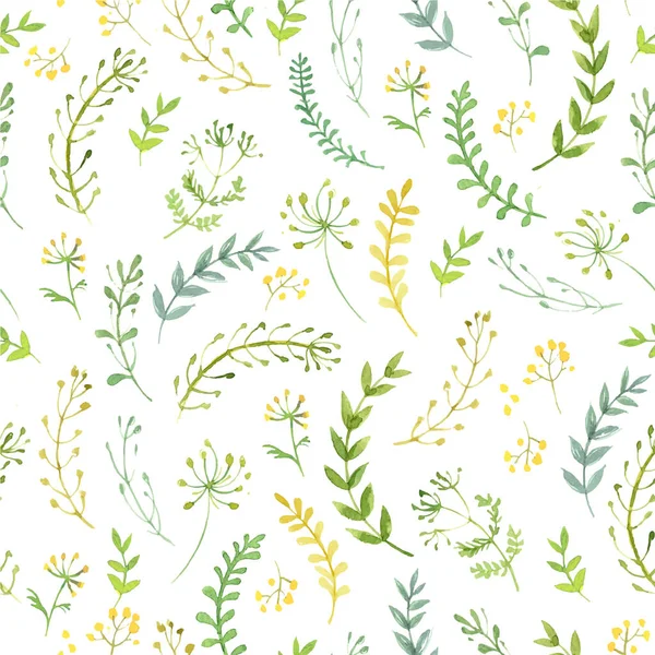 Modèle de fleurs et d'herbes peintes à l'aquarelle sur fond blanc. Feuilles et fleurs vertes sur fond blanc. — Image vectorielle