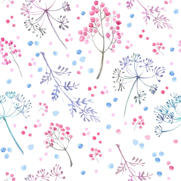 Μοτίβο από λουλούδια και χόρτα ζωγραφισμένα με ακουαρέλες σε λευκό φόντο. Πράσινα φύλλα και λουλούδια σε λευκό φόντο. — Διανυσματικό Αρχείο