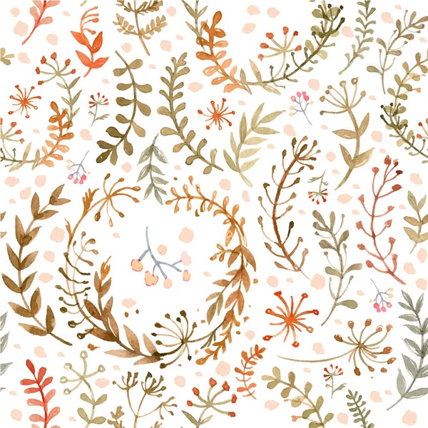 白い背景に水彩で描かれた花や草のパターン。白い背景に緑の葉と花。. — ストックベクタ