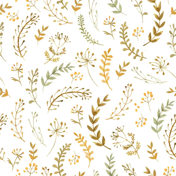 Beyaz arka planda suluboya ile boyanmış çiçek ve çimenlerin deseni. Beyaz arkaplanda yeşil yapraklar ve çiçekler.