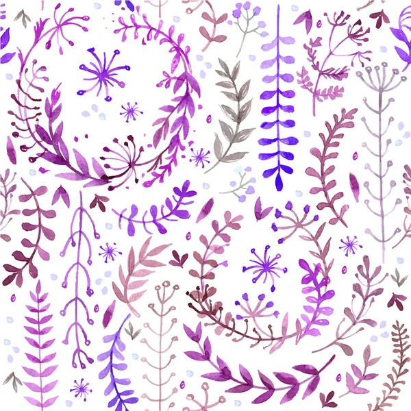 Pattern of flowers and grasses painted with watercolors on white background. Green leaves and flowers on a white background. — Stock Vector