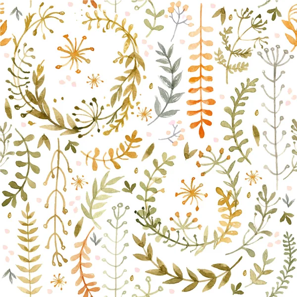 Beyaz arka planda suluboya ile boyanmış çiçek ve çimenlerin deseni. Beyaz arkaplanda yeşil yapraklar ve çiçekler.