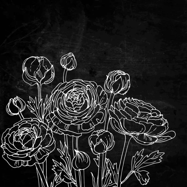 Flowers Herbs Line Black Background Slate Texture — Vector de stock