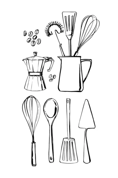 Kitchen Tools Whisk Spoon Spatula Vector Sketch Food Ink White — Stock Vector