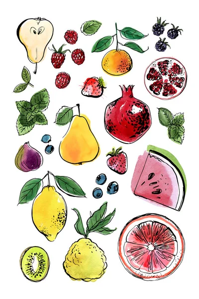 Cartaz Comida Tinta Aquarela Frutas Limão Romã Figos Bagas Melancia — Vetor de Stock