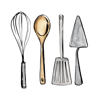 Mutfak aletleri. Fırça, kaşık, spatula. Beyaz arkaplanda mürekkeple besin taslağı.