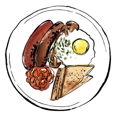 Tabakta İngiliz kahvaltısı. Beyaz arkaplanda mürekkeple besin taslağı.