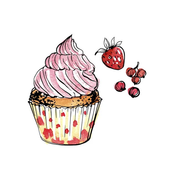 ベリーとカップケーキ 甘いペストリー 白地に線で食べ物のインクスケッチ — ストックベクタ