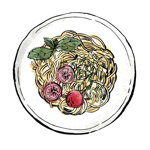 Spaghetti Makaron Malowany Akwarela Białym Tle Atramentowy Szkic Jedzenia Włoskie — Wektor stockowy