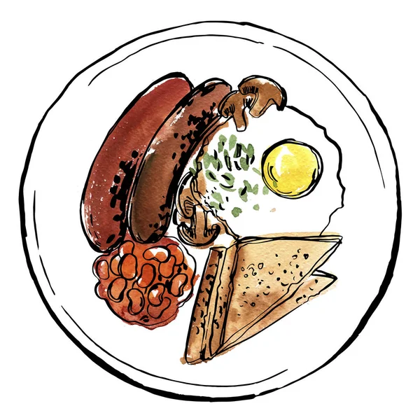 Английский Завтрак Тарелке Векторный Набросок Еды Чернилах Белом Фоне — стоковый вектор
