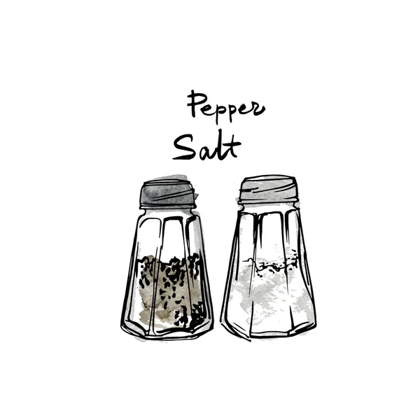 Glass Jars Salt Pepper Vector Sketch Food Ink White Background — Stock Vector