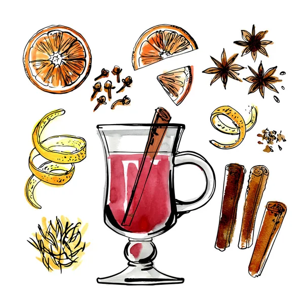 Warm Winter Drink Mulled Wine Spices Sketch Food Line Watercolor — Stock Vector