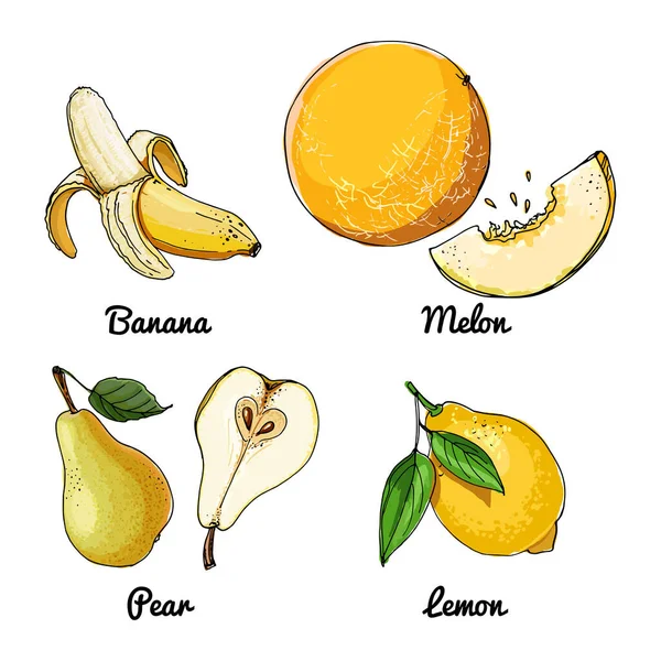 Icone Vettoriali Frutta Schizzo Colorato Dei Prodotti Alimentari Banana Melone — Vettoriale Stock