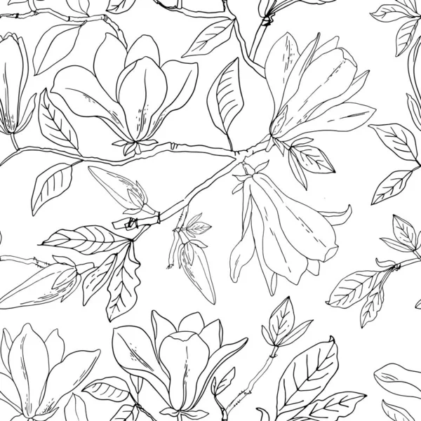 Квітковий Візерунок Магнолія Векторний Ескіз Квітів Лінією Білому Тлі — стоковий вектор
