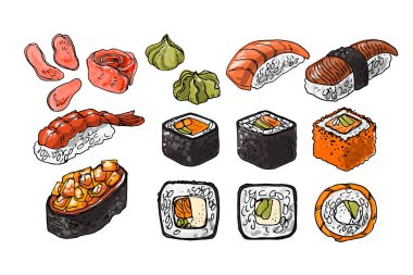 Japon yemeği, suşi ve ekmek, unagi. Yiyecek vektör çizimi.