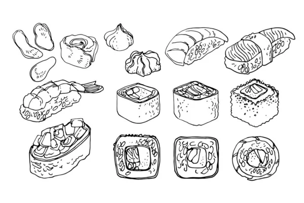 Japanisches Essen, Sushi und Semmeln, unagi. Vektorzeichnen von Lebensmitteln. — Stockvektor