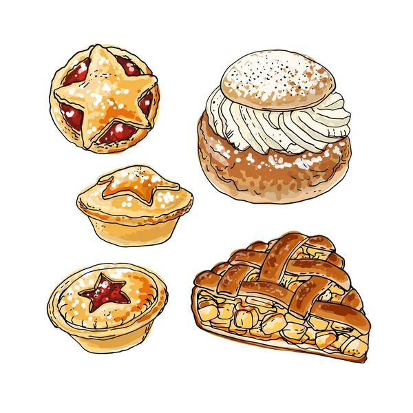 Національна випічка та цукерки. Булочки, ссавці, яблучний пиріг, фарш пиріг. Векторний малюнок їжі . — стоковий вектор
