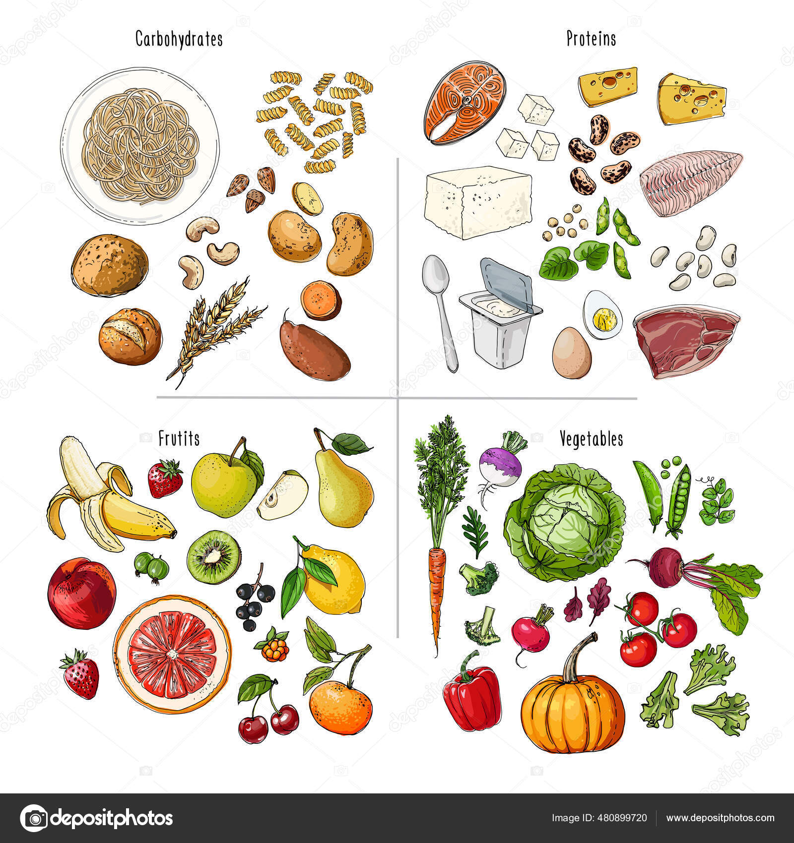 Conjunto De Vetores De Frutas E Legumes. Comida Saudável