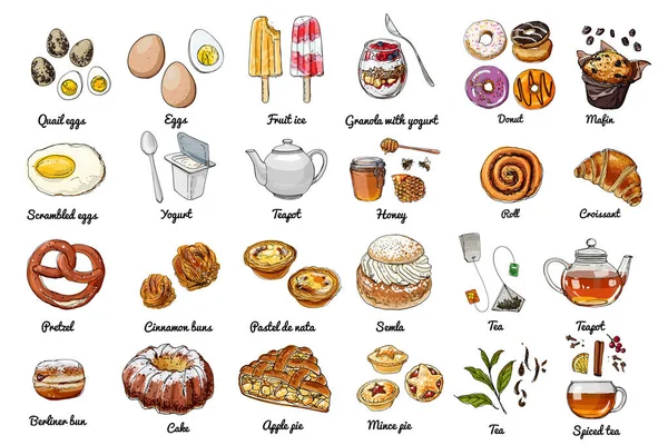 Vektor Lebensmittel Ikonen Farbige Skizze Von Lebensmitteln Backen Süßigkeiten Eier — Stockvektor