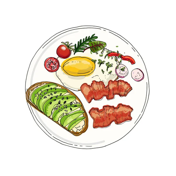 Английский Завтрак Тарелке Векторный Набросок Еды Чернилах — стоковый вектор
