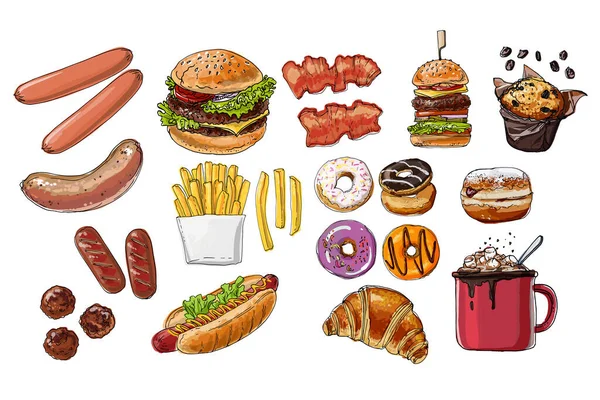 Burgery Jsou Rychlé Občerstvení Vektorová Kresba Jídla Nezdravé Jídlo Hranolky — Stockový vektor