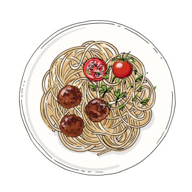 Spagetti. Beyaz arka planda Pastavector skeci. Mürekkep çizimi..