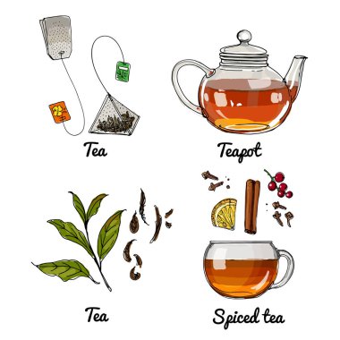 Yiyecek ikonları, içecekler, çay. Renkli yemek taslağı.