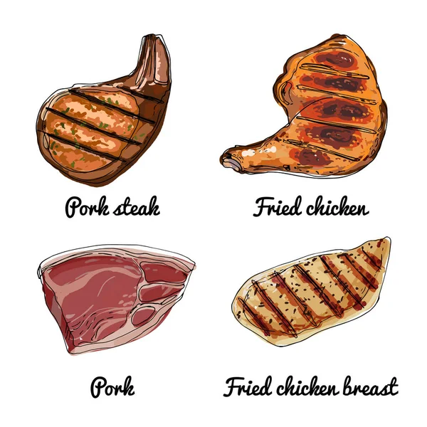 Vektorové Symboly Masa Barevný Náčrt Potravinářských Výrobků Vepřový Steak Smažené — Stockový vektor