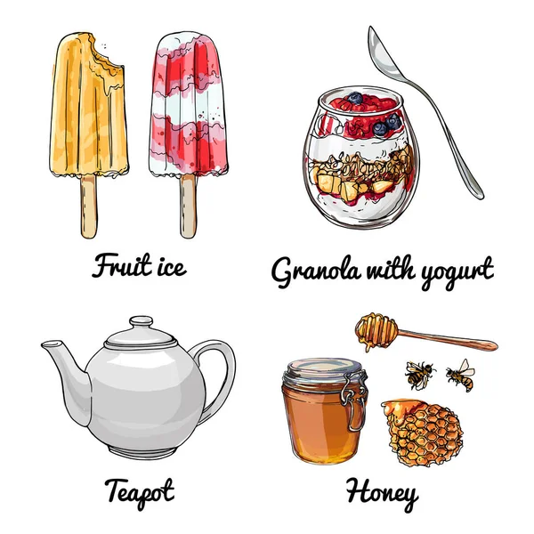 Векторні Значки Їжі Кольоровий Ескіз Продуктів Харчування Пиріжки Морозиво Чайник — стоковий вектор