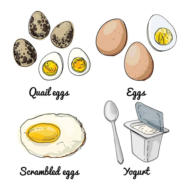 ベクトルフードアイコン 食品のカラースケッチ ウズラの卵 スクランブルエッグ — ストックベクタ