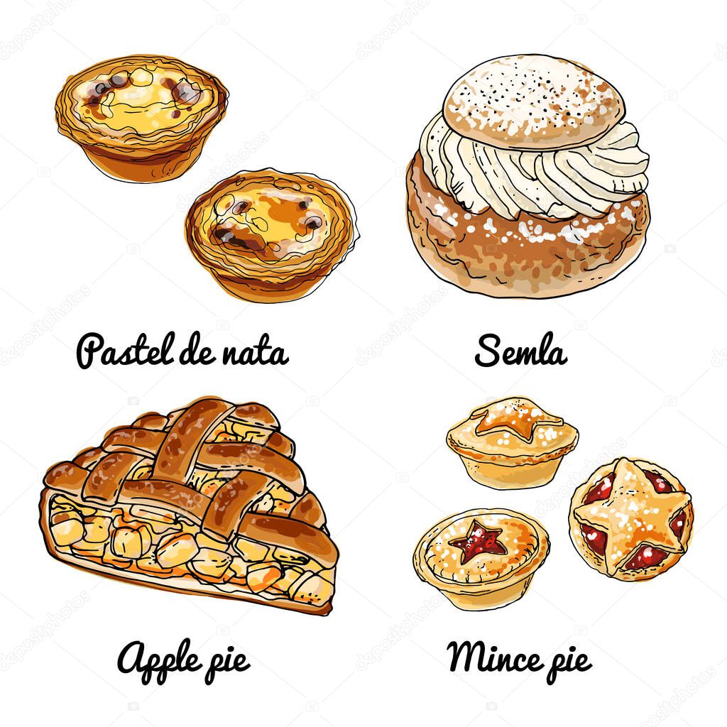 Vector food icons of buns. Colored sketch of food products. Pastel de nata, semla, apple pie