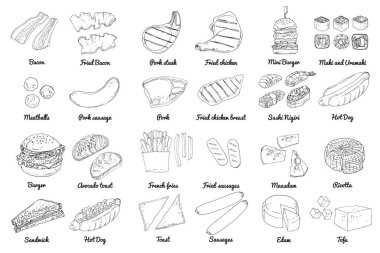 Hamburgerler hızlı sokak yemekleridir. Yiyecek taşıyıcı çizimi. Sağlıksız yiyecekler. Kızartma, çörek, kakao, hamur işi, tatlı, sosis, sosisli, jambonlu peynirli avokado.