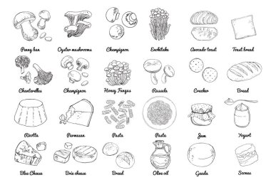 Vector food icons. Colored sketch of food products. Mushrooms, cheeses, pasta, bread butter clipart