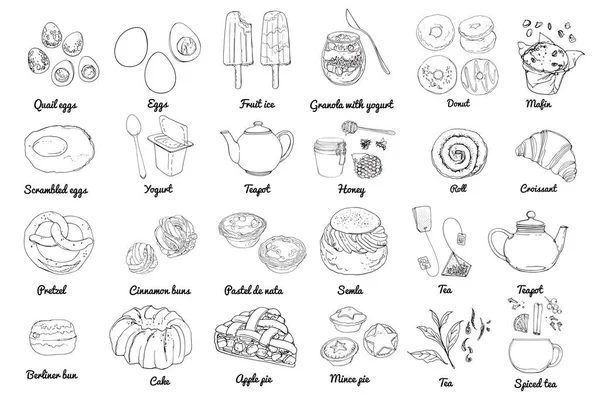 Ikony Żywności Wektorowej Kolorowy Szkic Produktów Spożywczych Pieczenie Słodycze Jajka — Wektor stockowy
