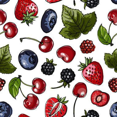 Kusursuz desenli vektör renk yiyeceği. Bahçe ve orman meyveleri