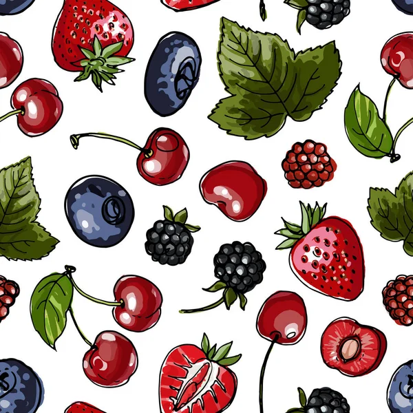 Kusursuz desenli vektör renk yiyeceği. Bahçe ve orman meyveleri