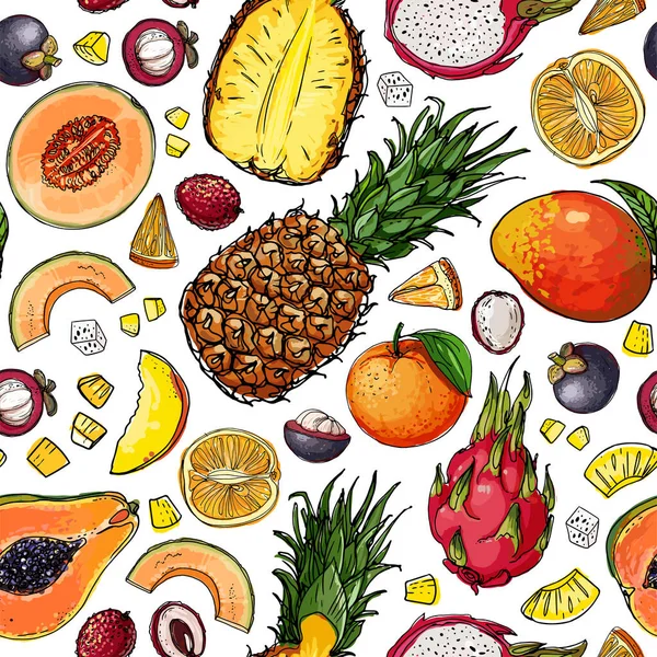 Nahtloser Muster-Vektor Farbe Lebensmittel. Exotische Früchte und Beeren — Stockvektor
