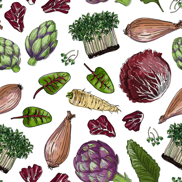 Modèle sans couture vecteur couleur nourriture. Légumes, paprika, concombres, olives — Image vectorielle