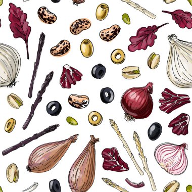 Kusursuz desenli vektör renk yiyeceği. Sebze, kırmızı biber, salatalık, zeytin.