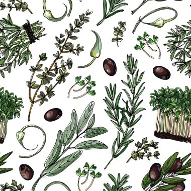 Kusursuz desenli vektör renk yiyeceği. Sebze, kırmızı biber, salatalık, zeytin.