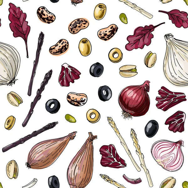 Padrão de amostragem vetor cor alimentos. Produtos hortícolas, páprica, pepinos, azeitonas — Vetor de Stock