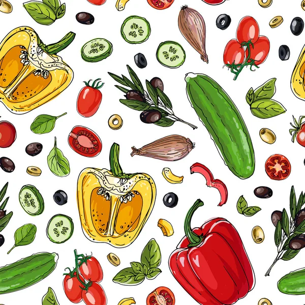 Απρόσκοπτη μοτίβο διανυσματική έγχρωμη τροφή. Λαχανικά, πάπρικα, αγγούρια, ελιές — Διανυσματικό Αρχείο