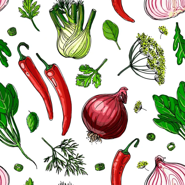 Il modello di linea di verdure colorate dipinte disegnato su uno sfondo bianco. Raccolta autunnale Skertch. — Vettoriale Stock