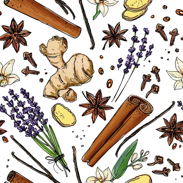 Patrón vectorial Nueces. Dibujo coloreado de la comida. Cacahuetes, nueces, anacardos, almendras, avellanas — Vector de stock