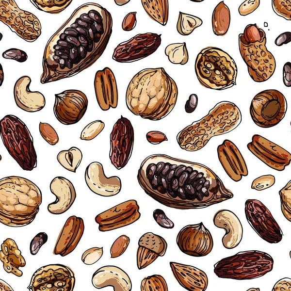 Nueces Patrón Seampless vector de alimentos de color. Nueces, cacao, anacardos, dátiles, avellanas — Archivo Imágenes Vectoriales