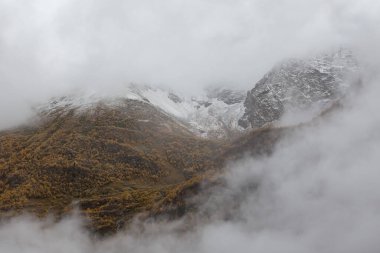 Yoğun bulutlar, sonbahar altın ağaçları ve karla kaplı dağı sardı..