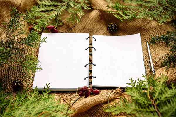 Mock up notebook com abeto festivo e pano de saco — Fotografia de Stock