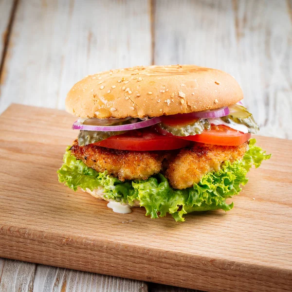 Closeup on zinger burger with deep fried chicken — Stock Photo, Image