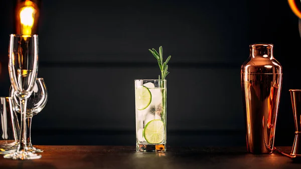 Frischer Gin Tonic Cocktail mit Rosmarin und Limette — Stockfoto