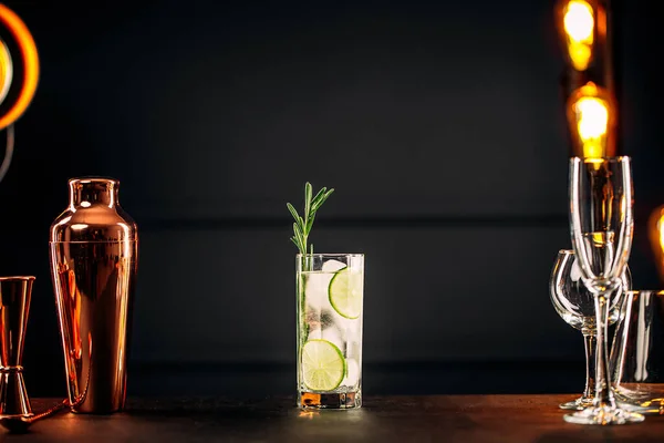 Cóctel de gin tonic fresco con romero y lima — Foto de Stock